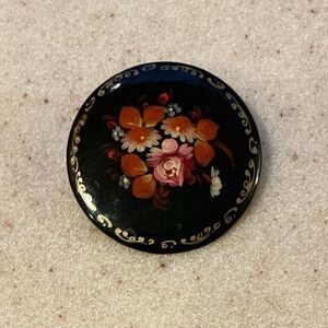 Floral Painted Black Brooch